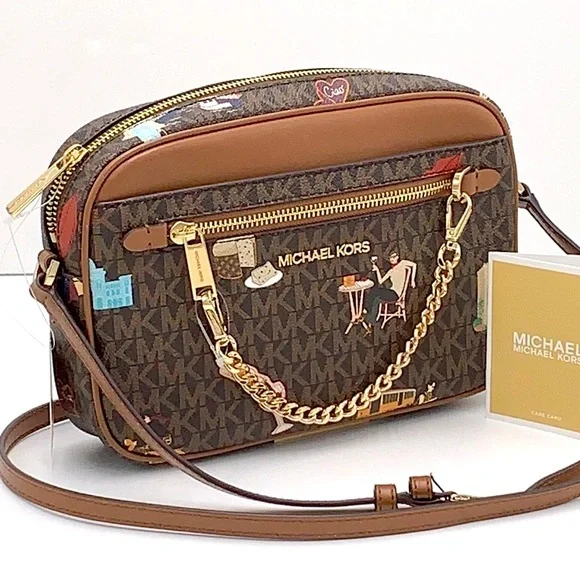 MICHAEL KORS JET SET GIRLS LARGE EAST WEST ZIP PACKED CHAIN XBODY BROWN MULTI - Picture 1 of 16